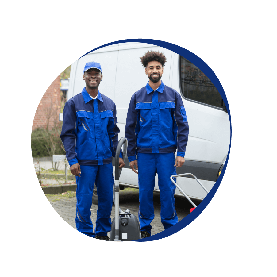 Two men in blue dress staring together